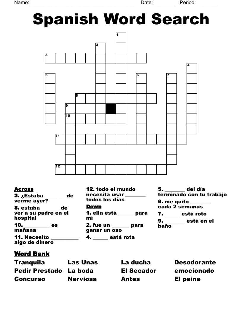 Spanish Word Search Crossword
