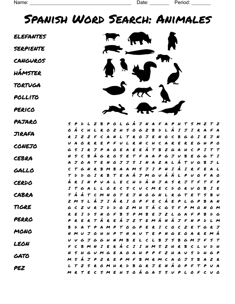 Spanish Word Search: Animales