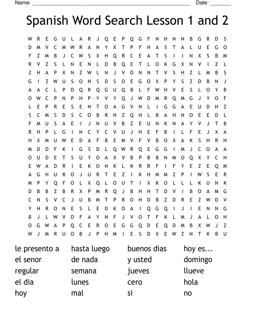 Spanish Word Search Lesson 1 and 2