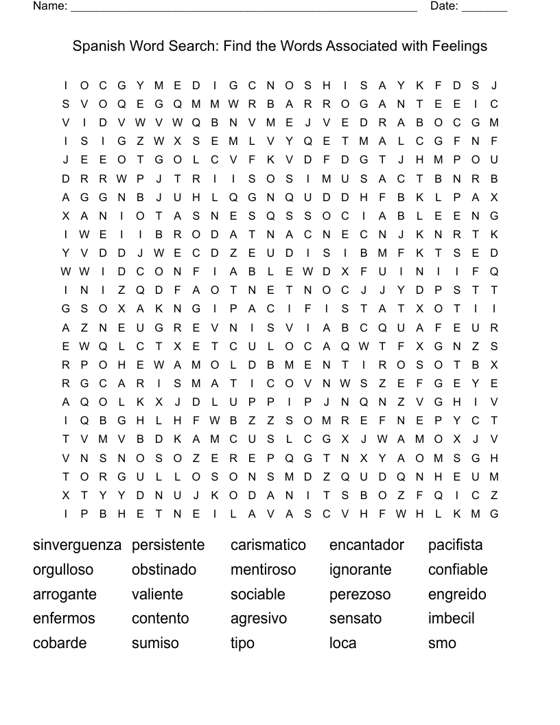 Spanish Word Search:        Find the Words Associated with Feelings