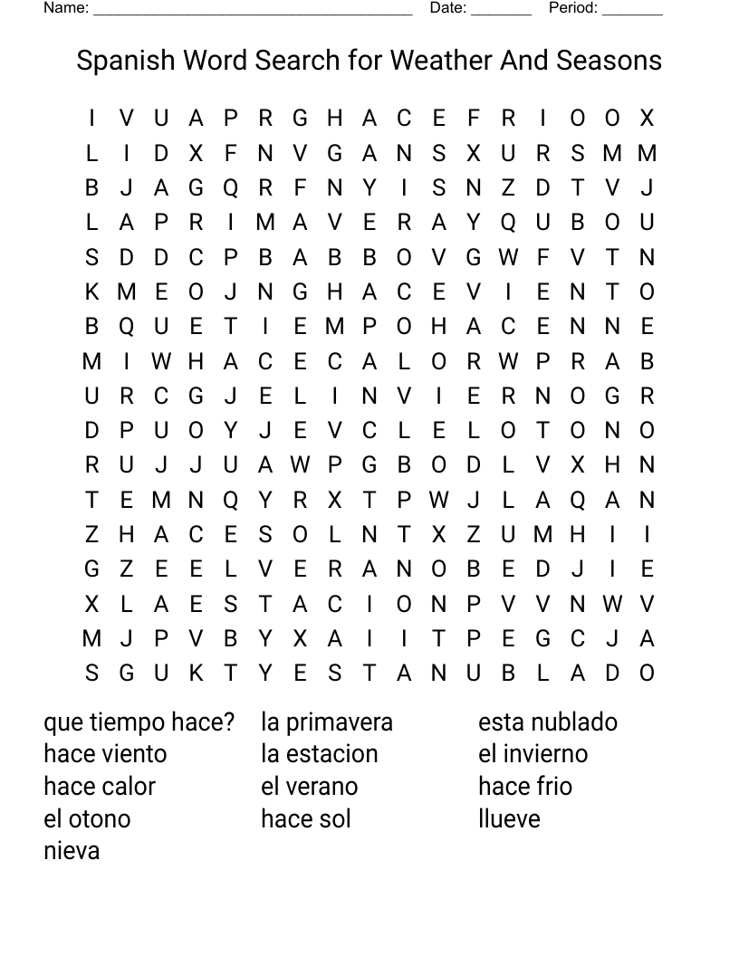 Spanish Word Search for Weather And Seasons