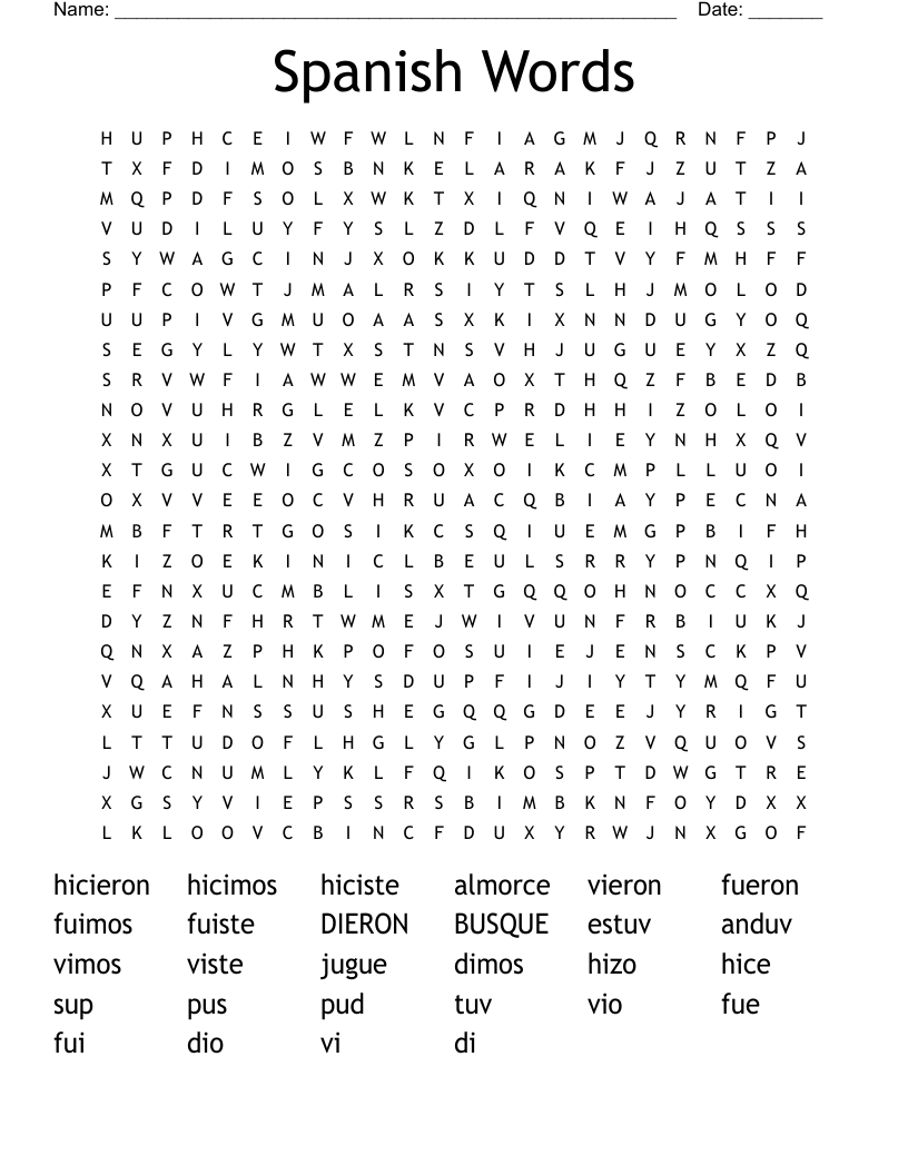 Spanish Words Word Search