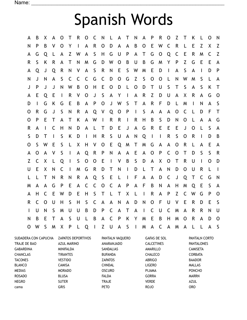 Spanish Words Word Search