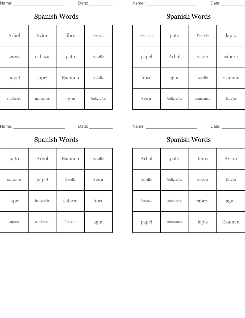 Spanish Words Bingo Cards