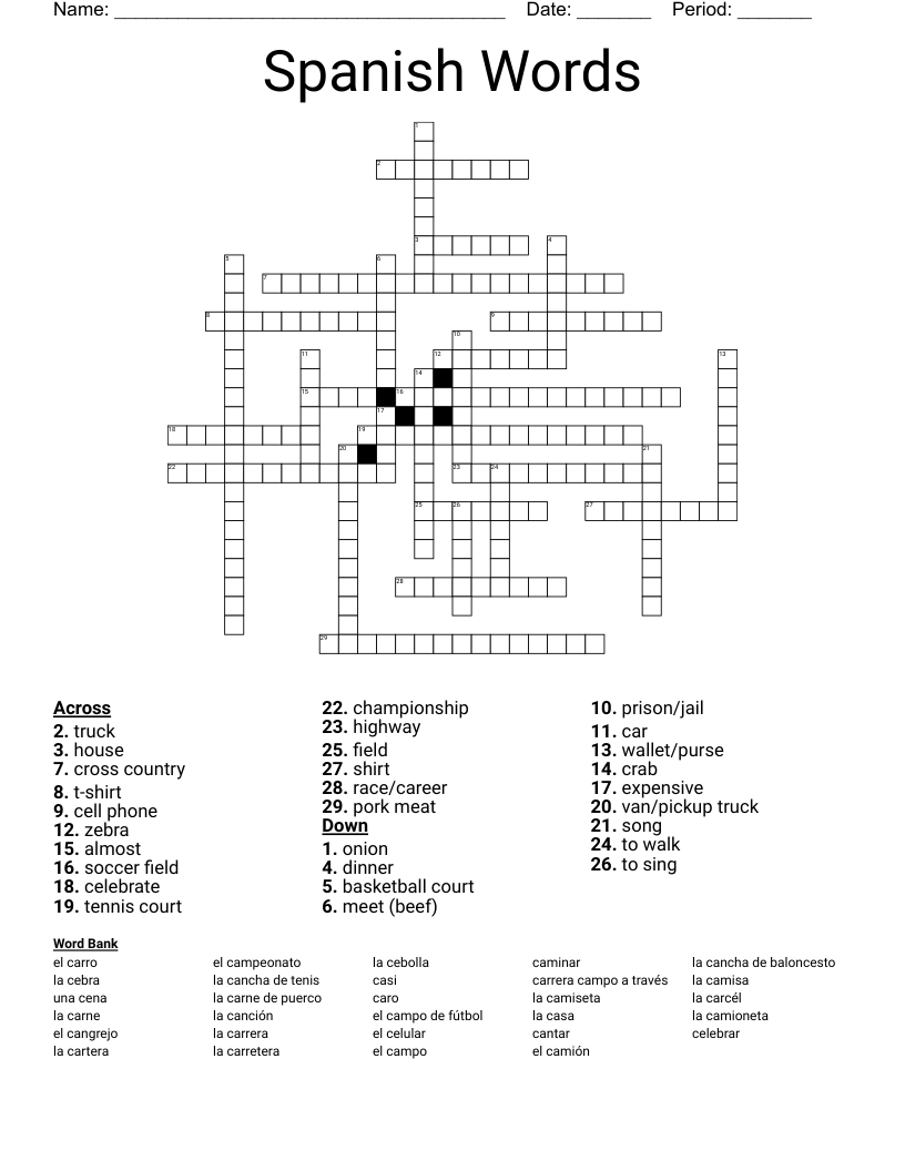 Spanish Words Crossword