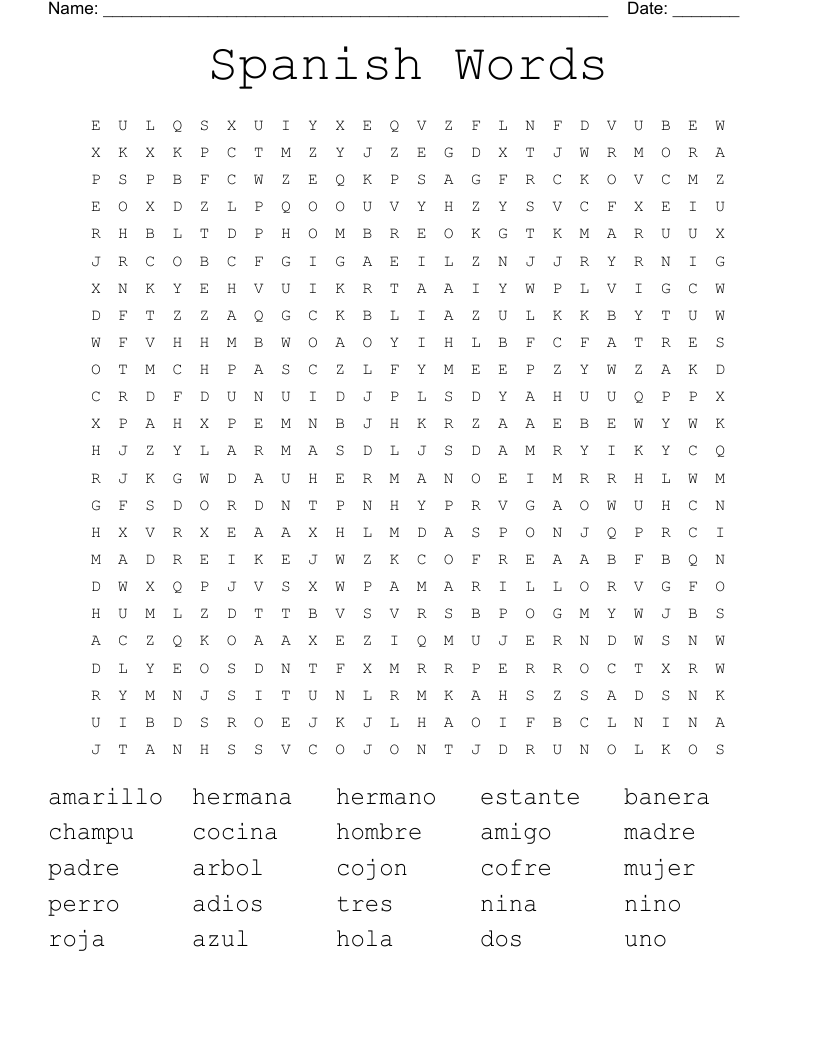 Spanish Words Word Search
