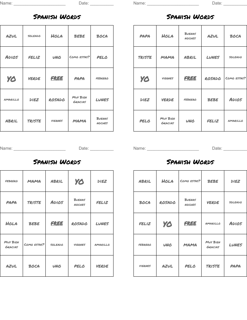 Spanish Words Bingo Cards
