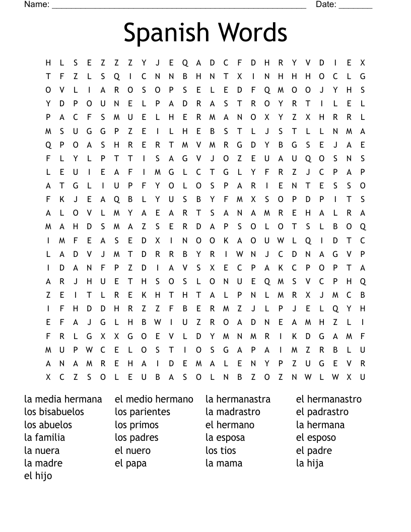 Spanish Words Word Search