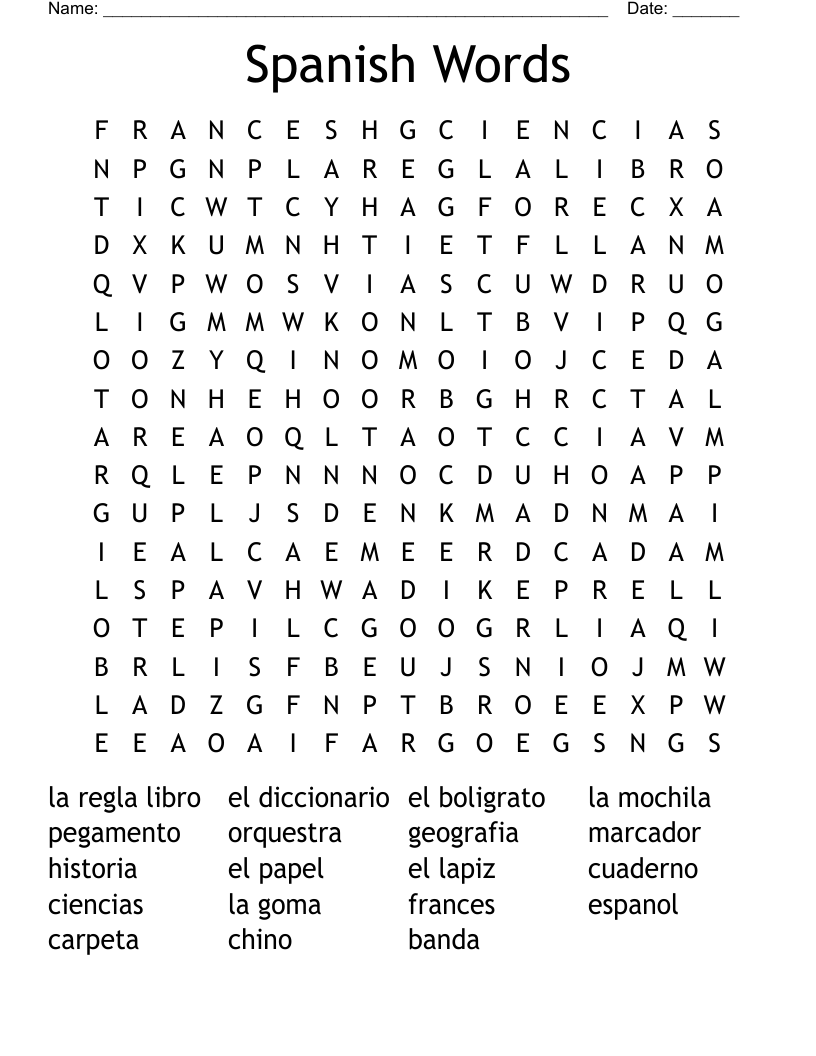 Spanish Words Word Search