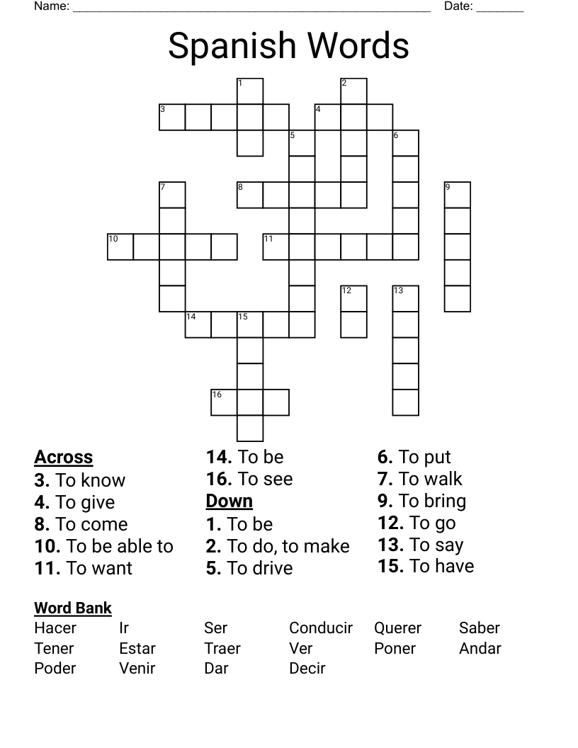 Spanish Words Crossword