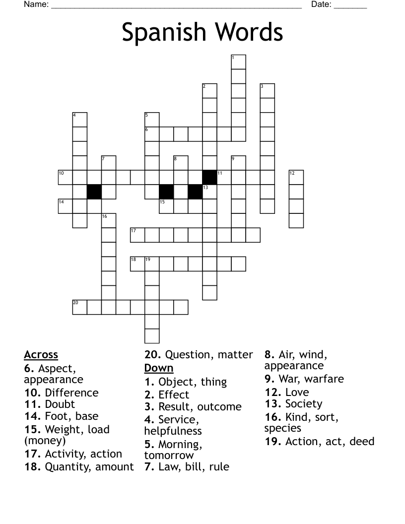 Spanish Words Crossword