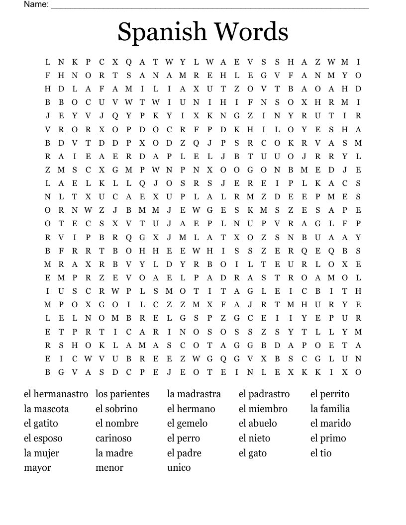 Spanish Words Word Search