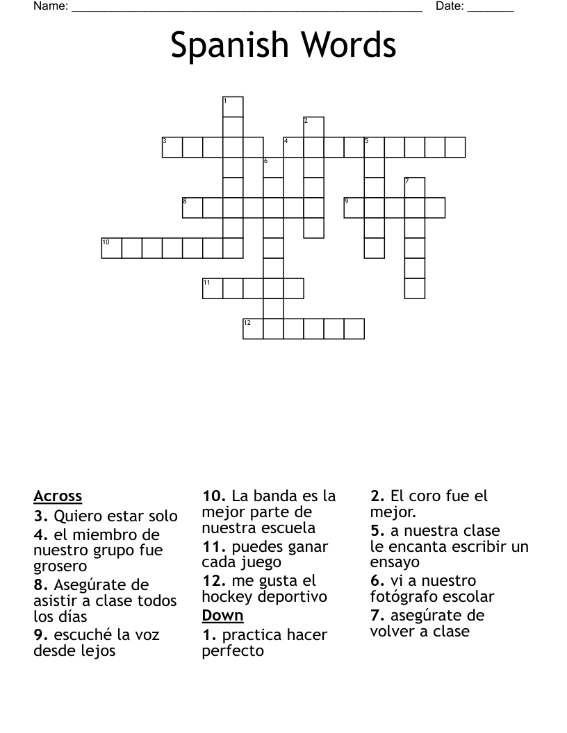 Spanish Words Crossword