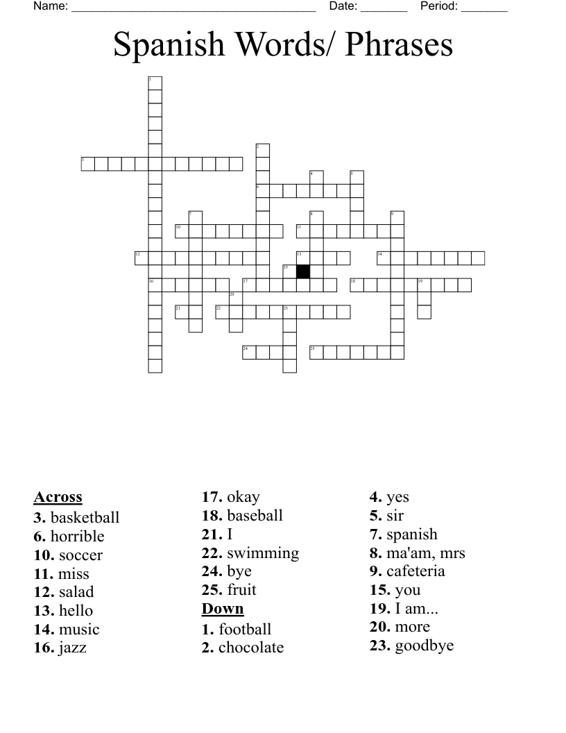 Spanish Words/ Phrases Crossword