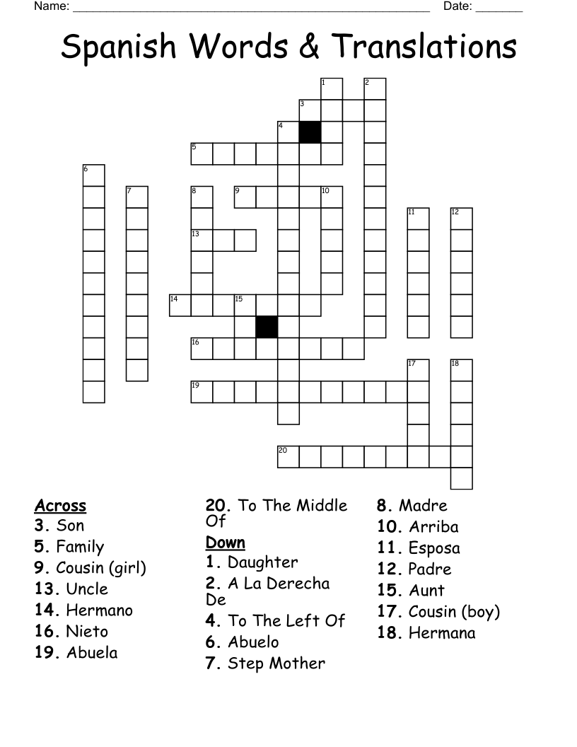 Spanish Words & Translations Crossword