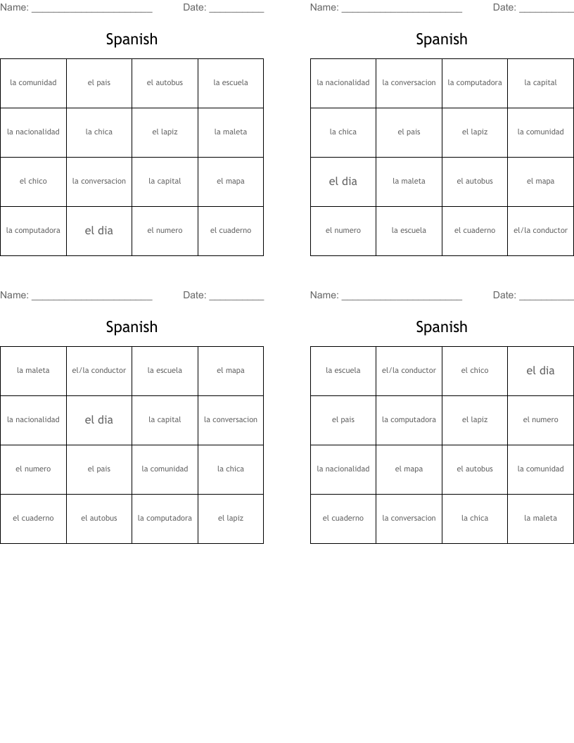 Spanish  Bingo Cards