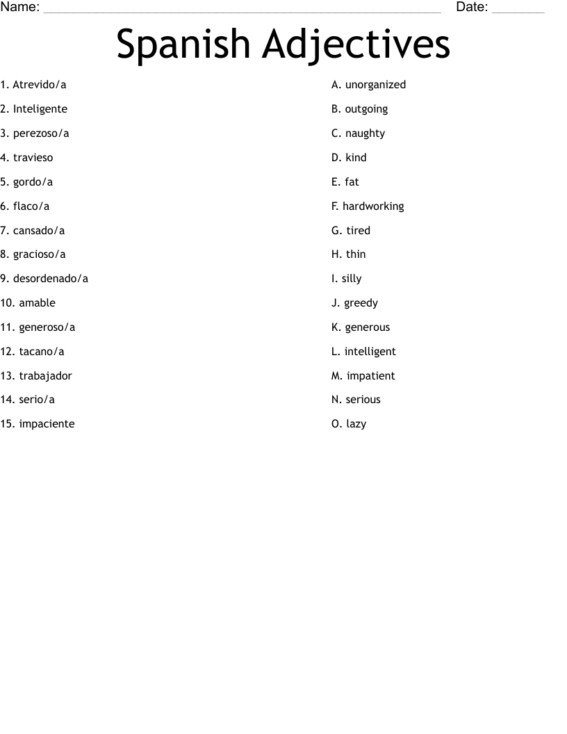 Spanish  Adjectives Worksheet