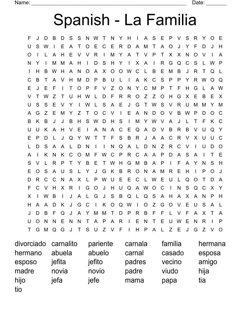 Spanish - La Familia Word Search