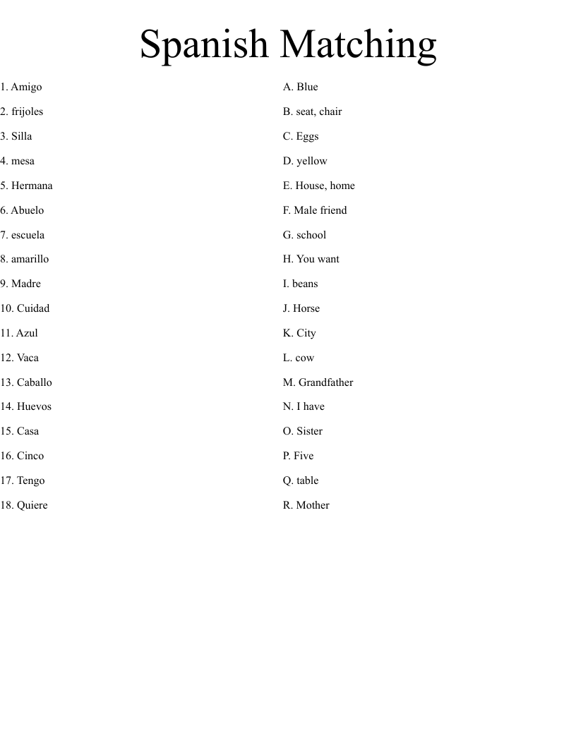 Spanish  Matching Worksheet