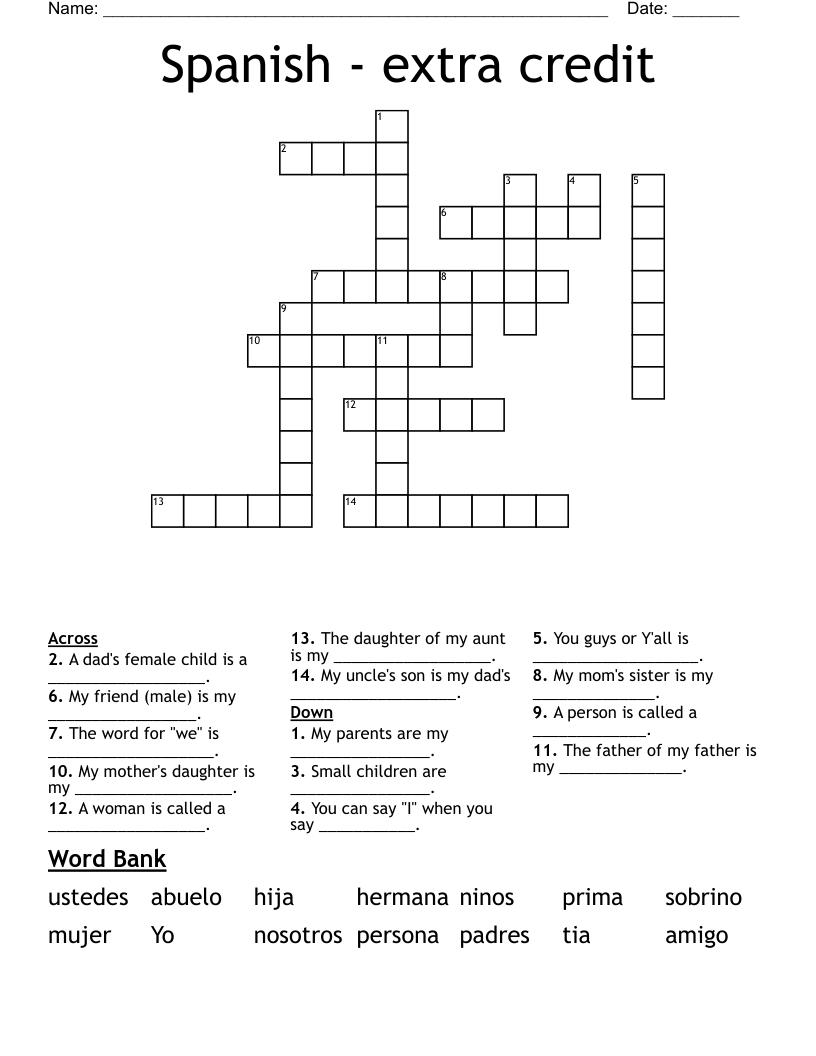 Spanish - extra credit Crossword