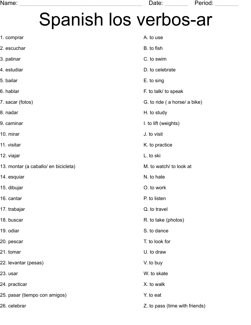 Spanish  los verbos-ar  Worksheet