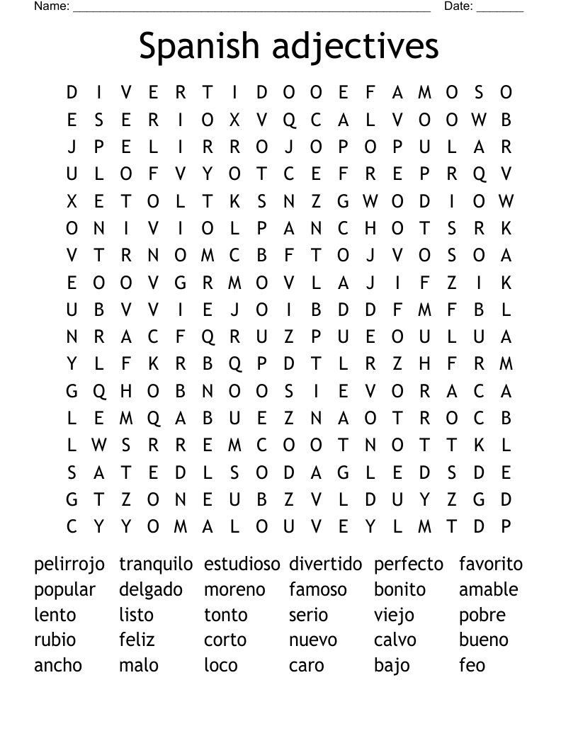 Spanish adjectives Word Search