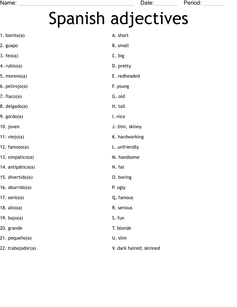 Spanish adjectives Worksheet