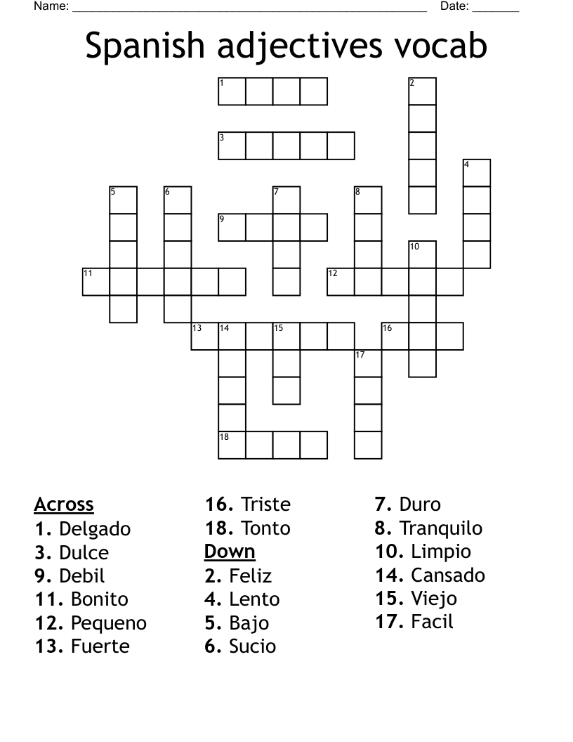 Spanish adjectives vocab Crossword