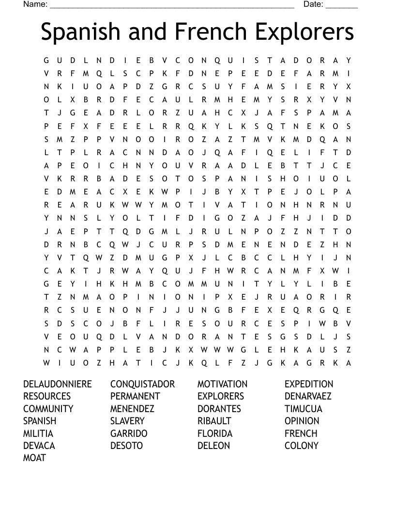 Spanish and French Explorers Word Search