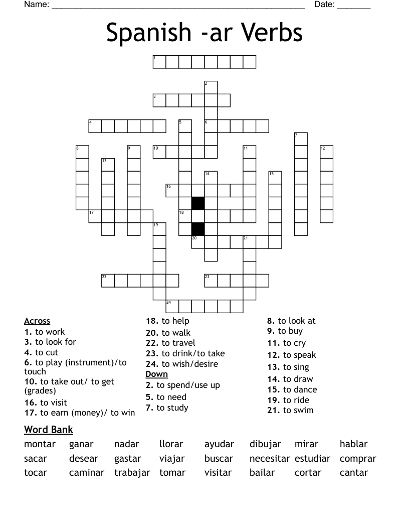 Spanish -ar Verbs Crossword