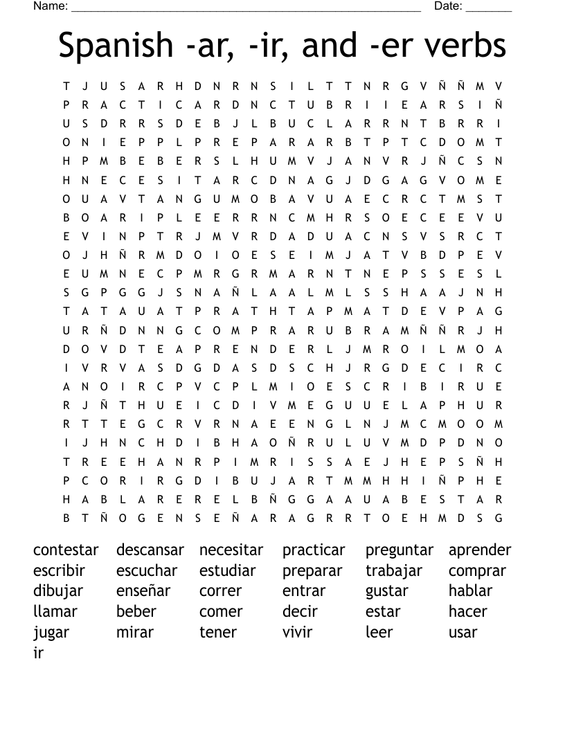 Spanish -ar, -ir, and -er verbs Word Search