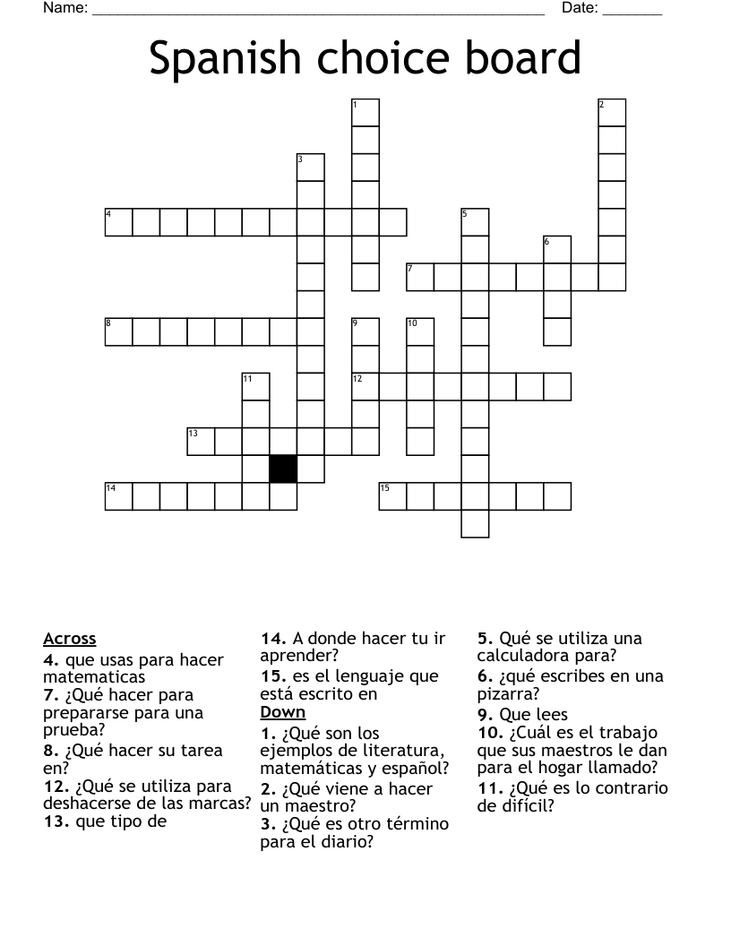 Spanish choice board Crossword