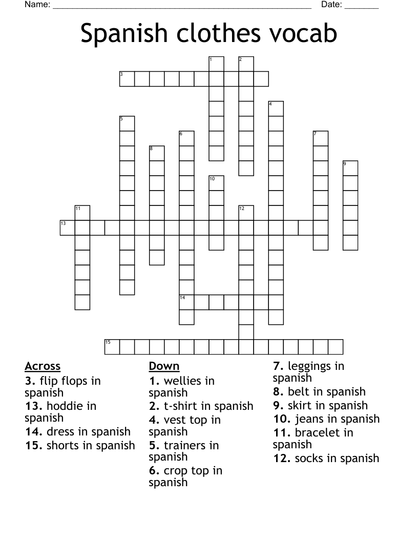 Spanish clothes vocab Crossword