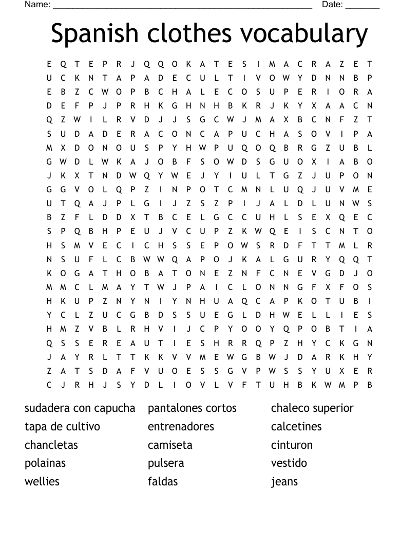 Spanish clothes vocabulary Word Search