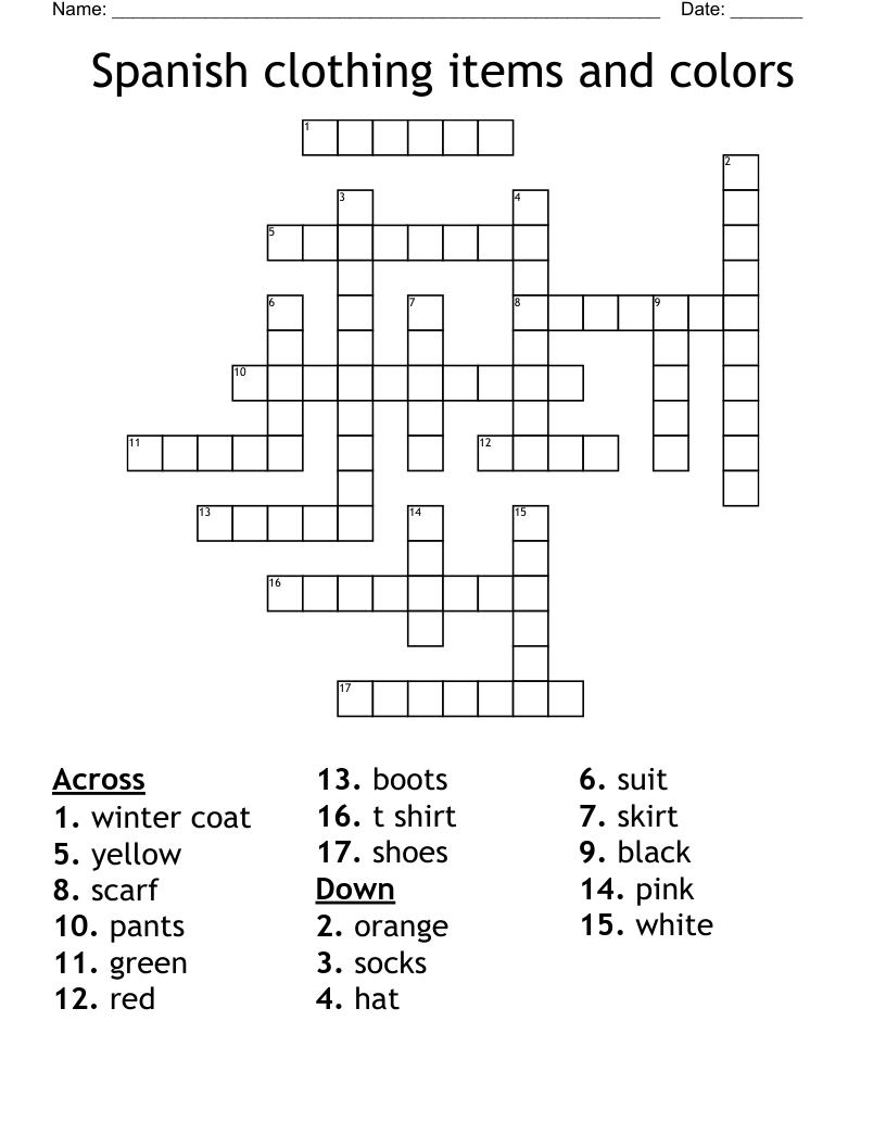 Spanish clothing items and colors Crossword