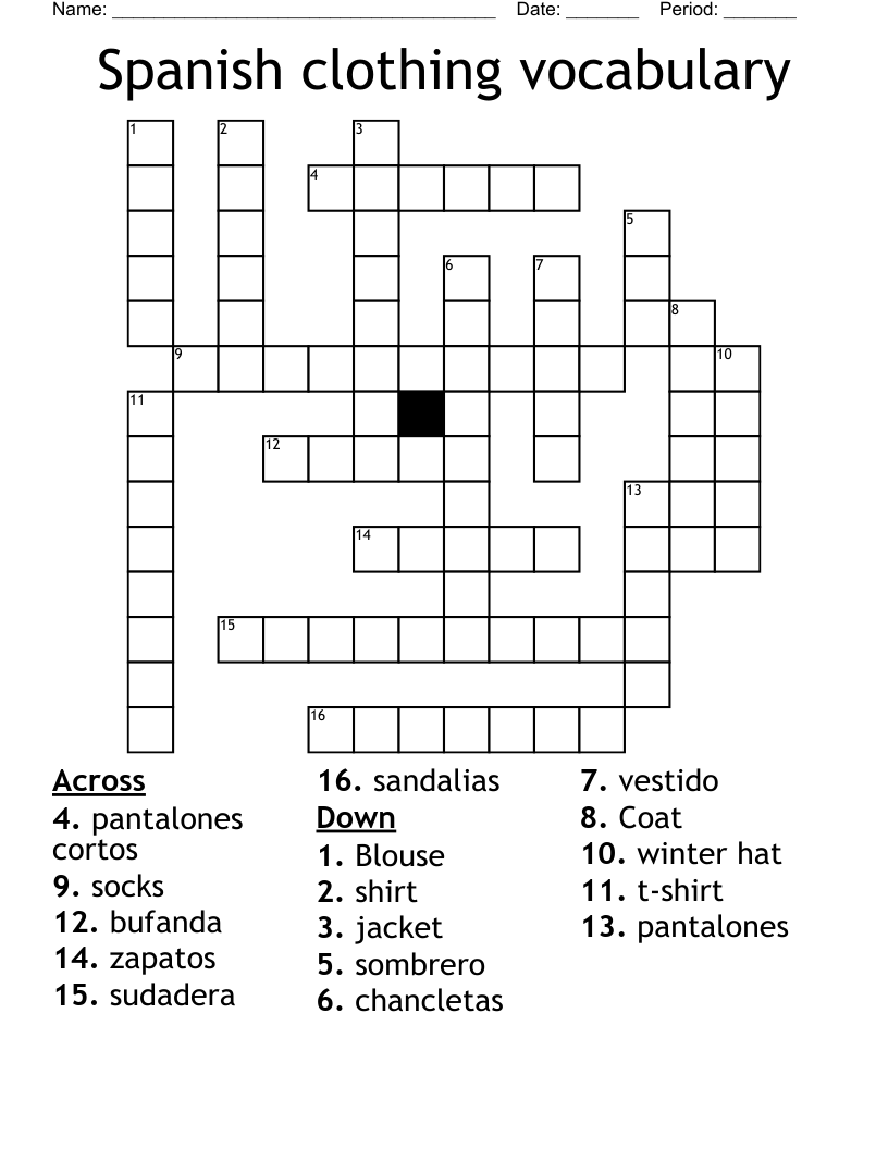 Spanish clothing vocabulary Crossword