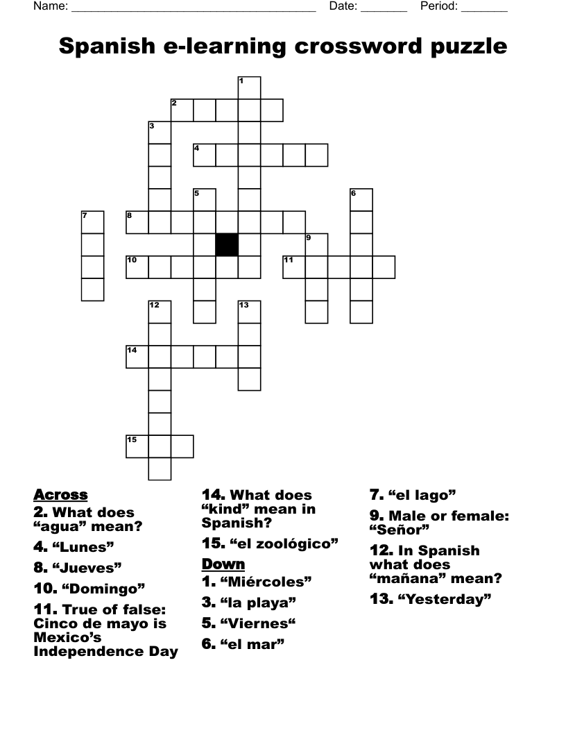 Spanish e-learning crossword puzzle