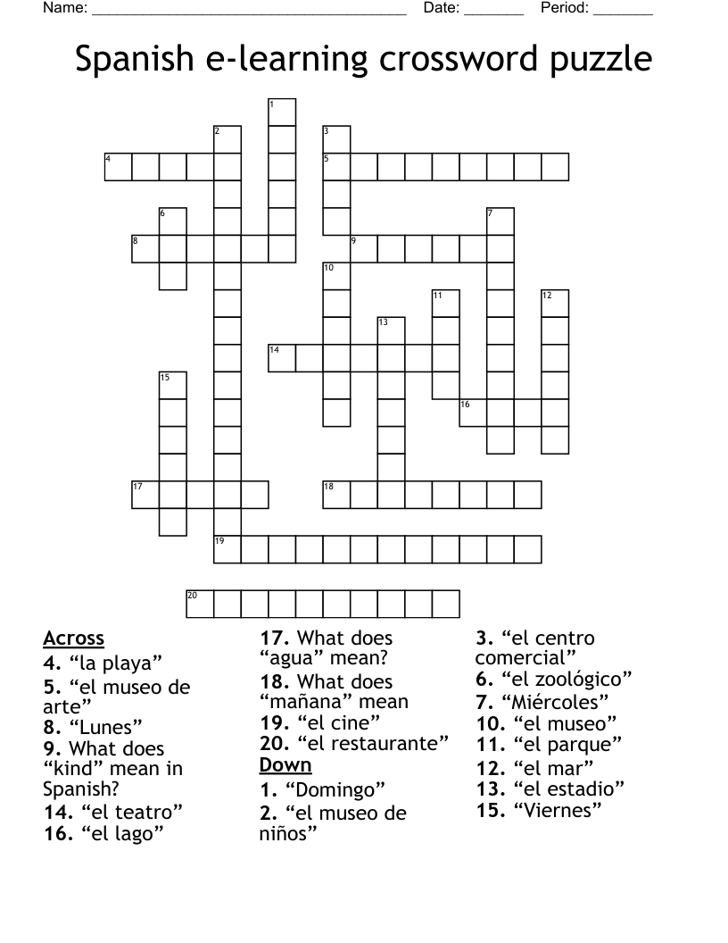 Spanish e-learning crossword puzzle