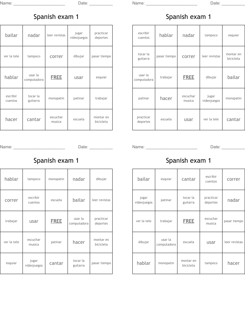 Spanish exam 1 Bingo Cards
