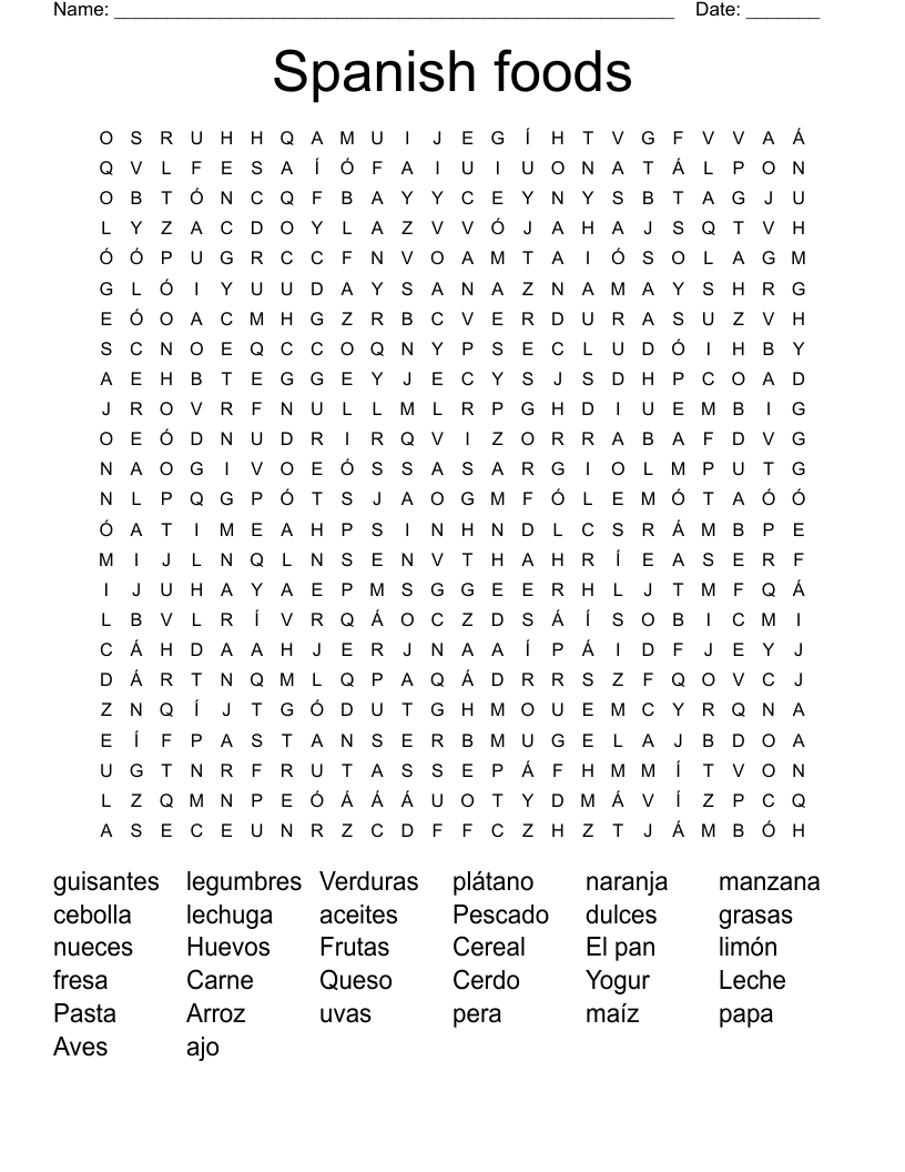 Spanish foods Word Search