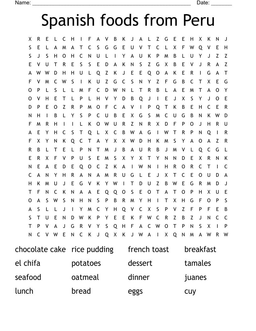 Spanish foods from Peru  Word Search