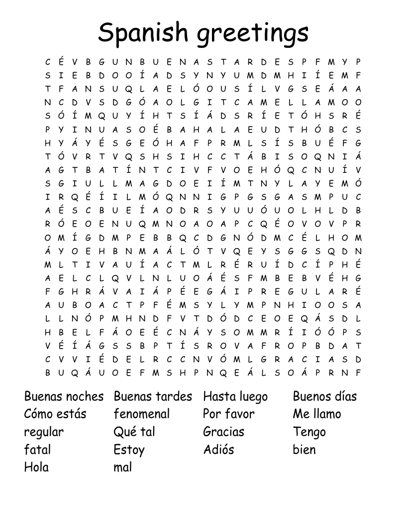 Spanish greetings Word Search