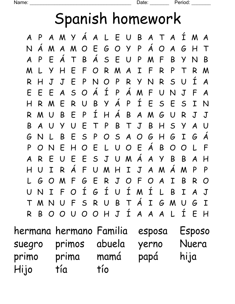 Spanish homework Word Search