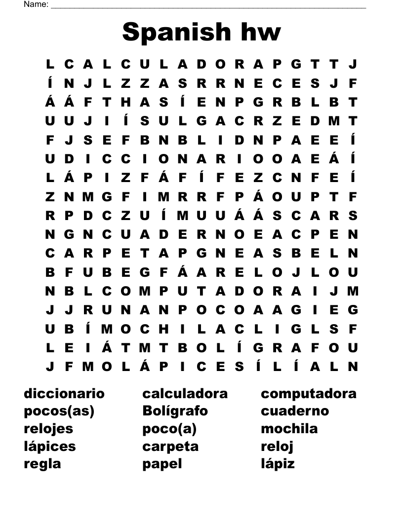Spanish hw Word Search