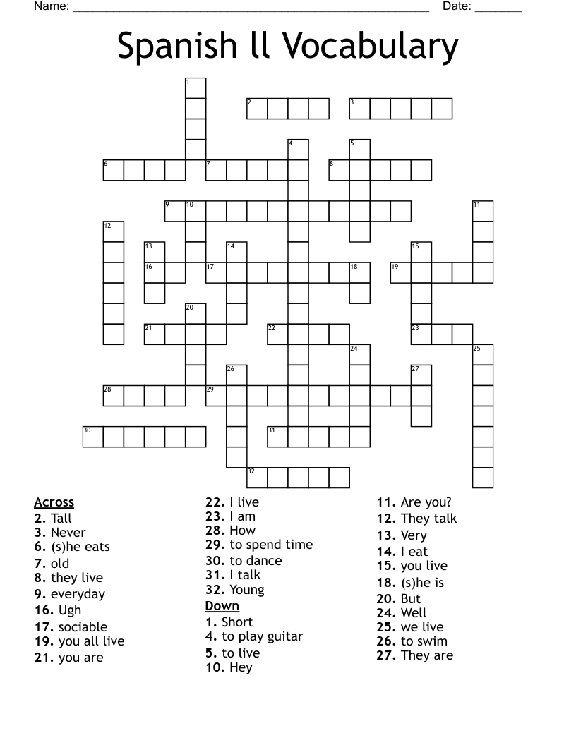 Spanish ll Vocabulary  Crossword