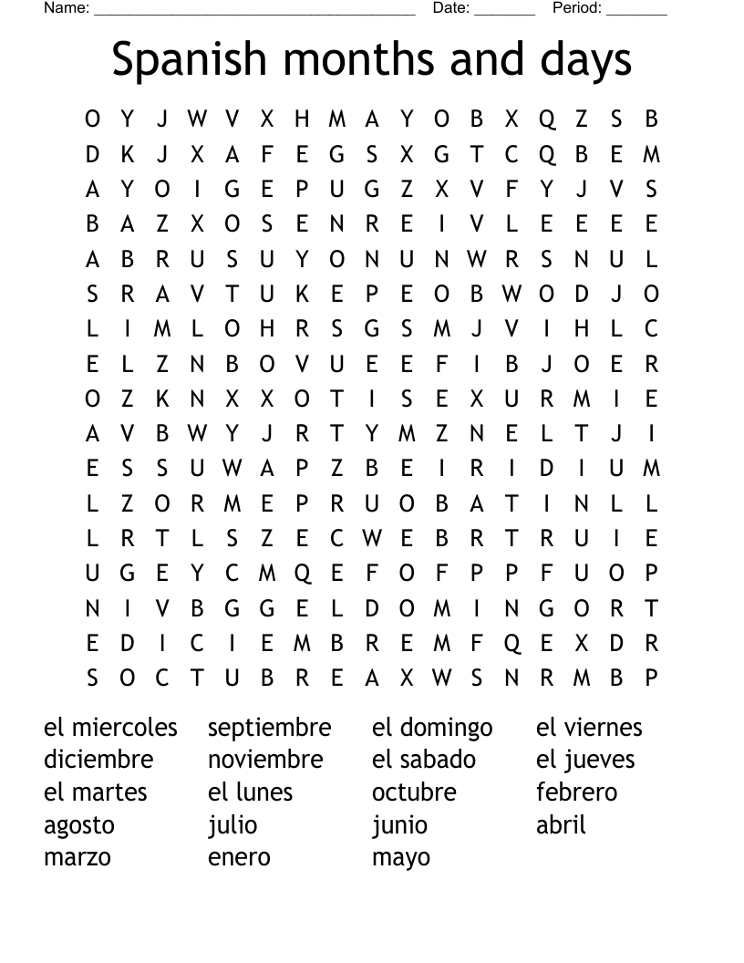 Spanish months and days Word Search