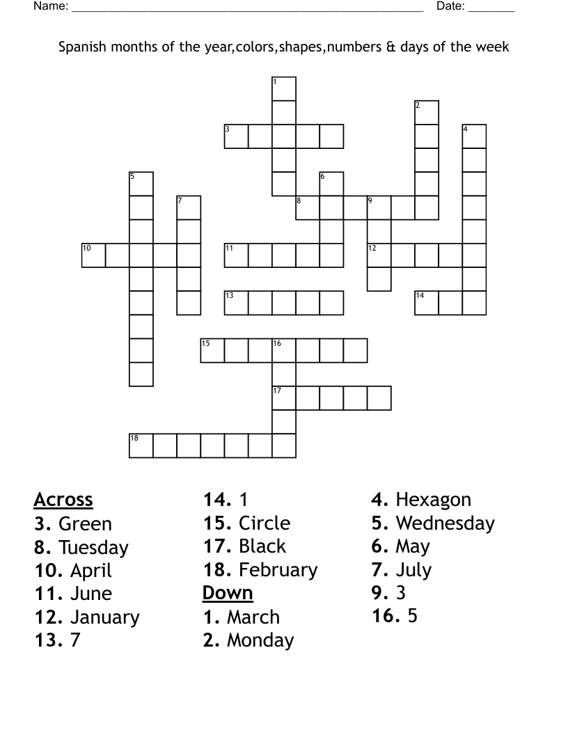 Spanish months of the year,colors,shapes,numbers & days of the week Crossword