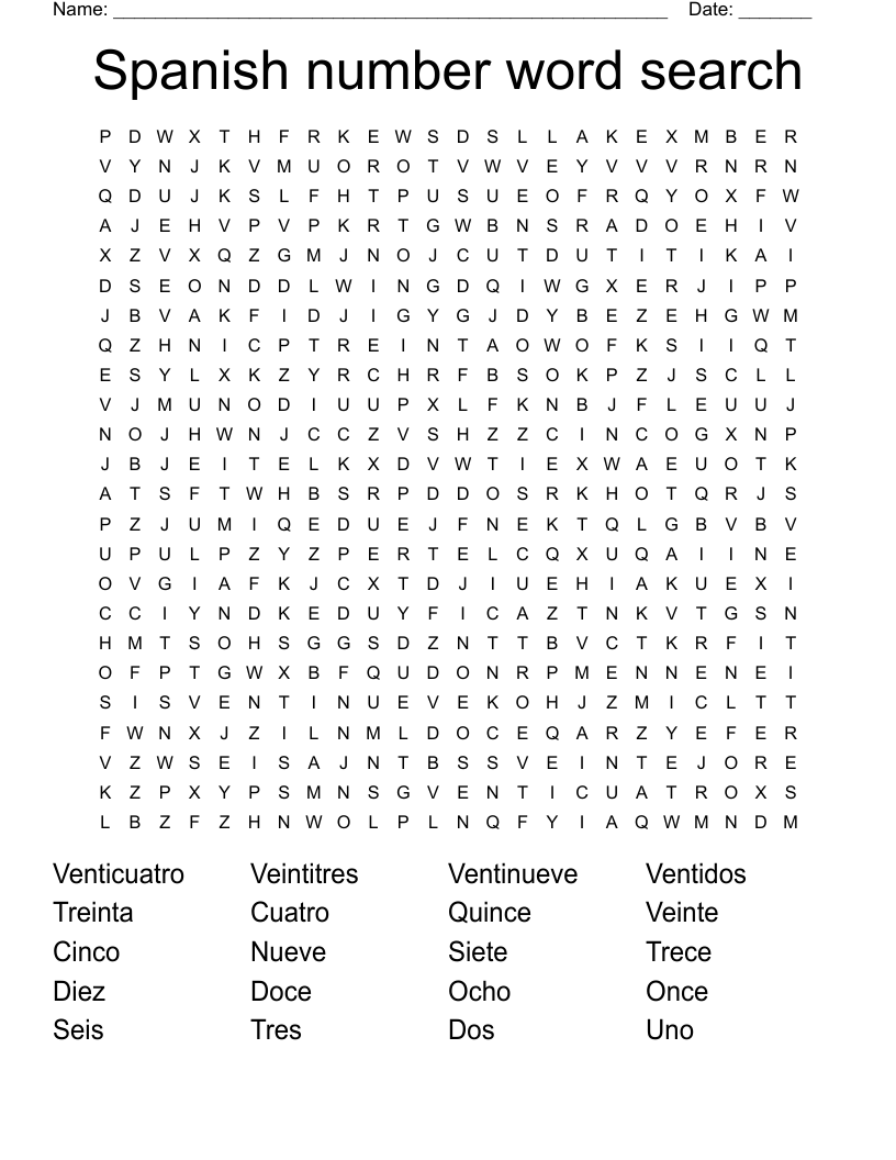 Spanish number word search