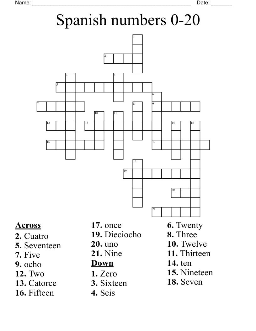 Spanish numbers 0-20 Crossword