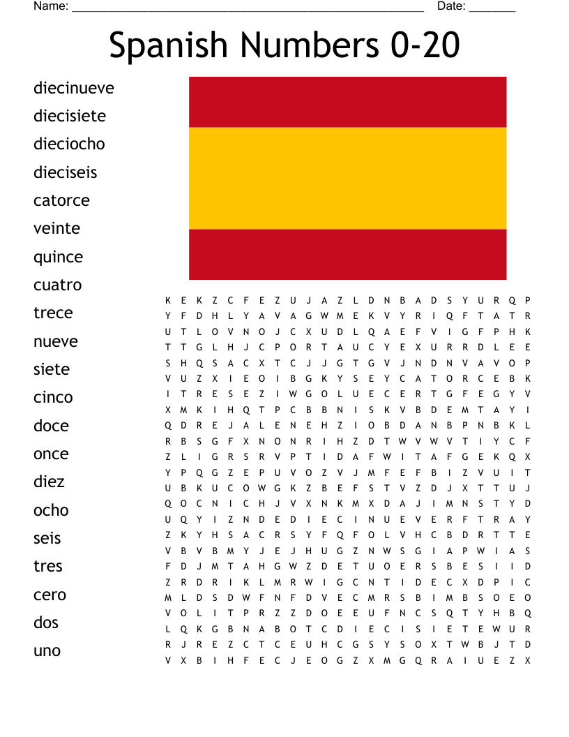 Spanish Numbers 0-20 Word Search